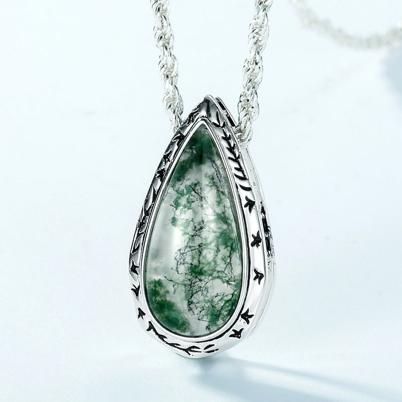 Heirloom Moss Agate Pear Pendant â€?Intricate Vine