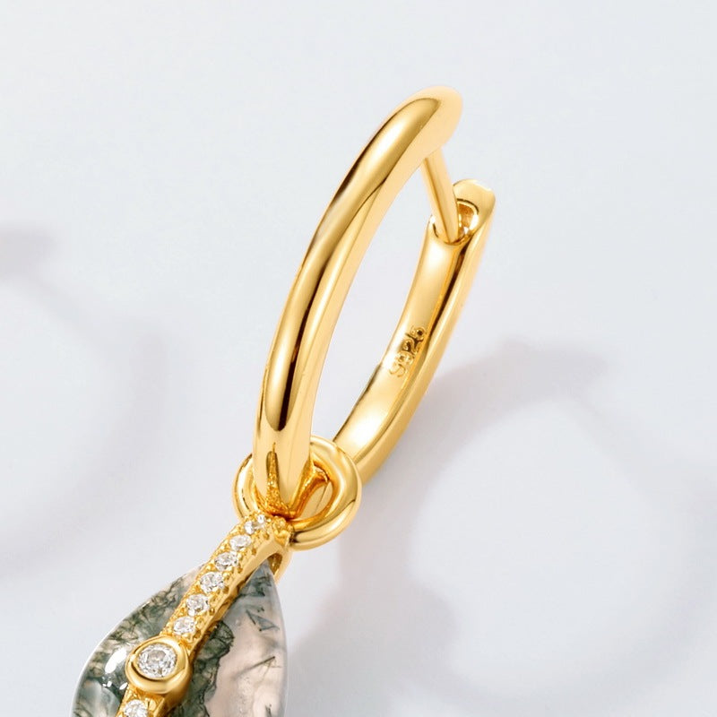 Modern Celestial Moss Agate Pear Shaped Dangle Huggie Earrings
