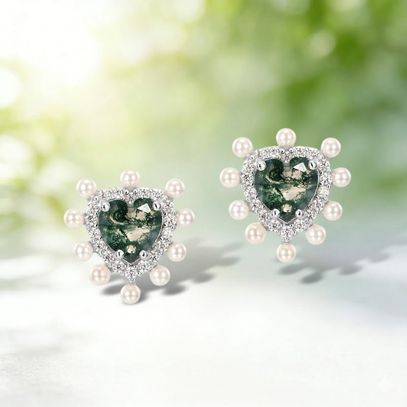 Vintage Heart Moss Agate & Pearl Halo Earrings
