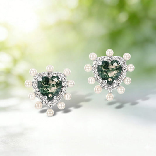 Vintage Heart Moss Agate & Pearl Halo Earrings