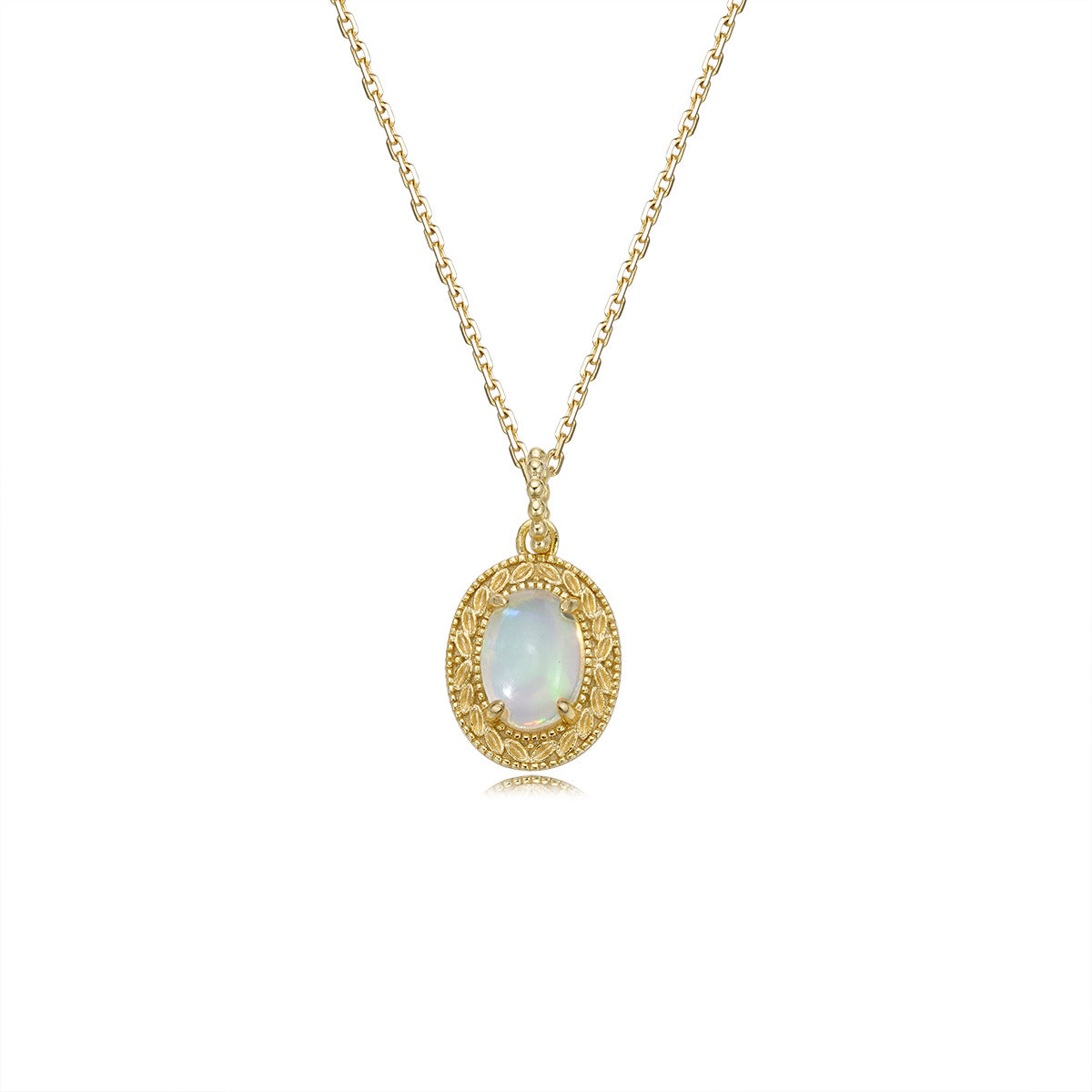 Oval Cabochon Ethiopian Opal Necklace • Vintage Engraved Milgrain Medal Pendant