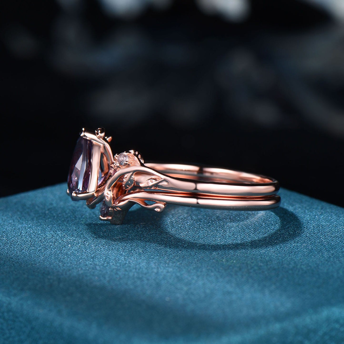 Nature Inpsired Pear Alexandrite Wedding Ring Set: Rose Gold Leaf Vine Stacking Band
