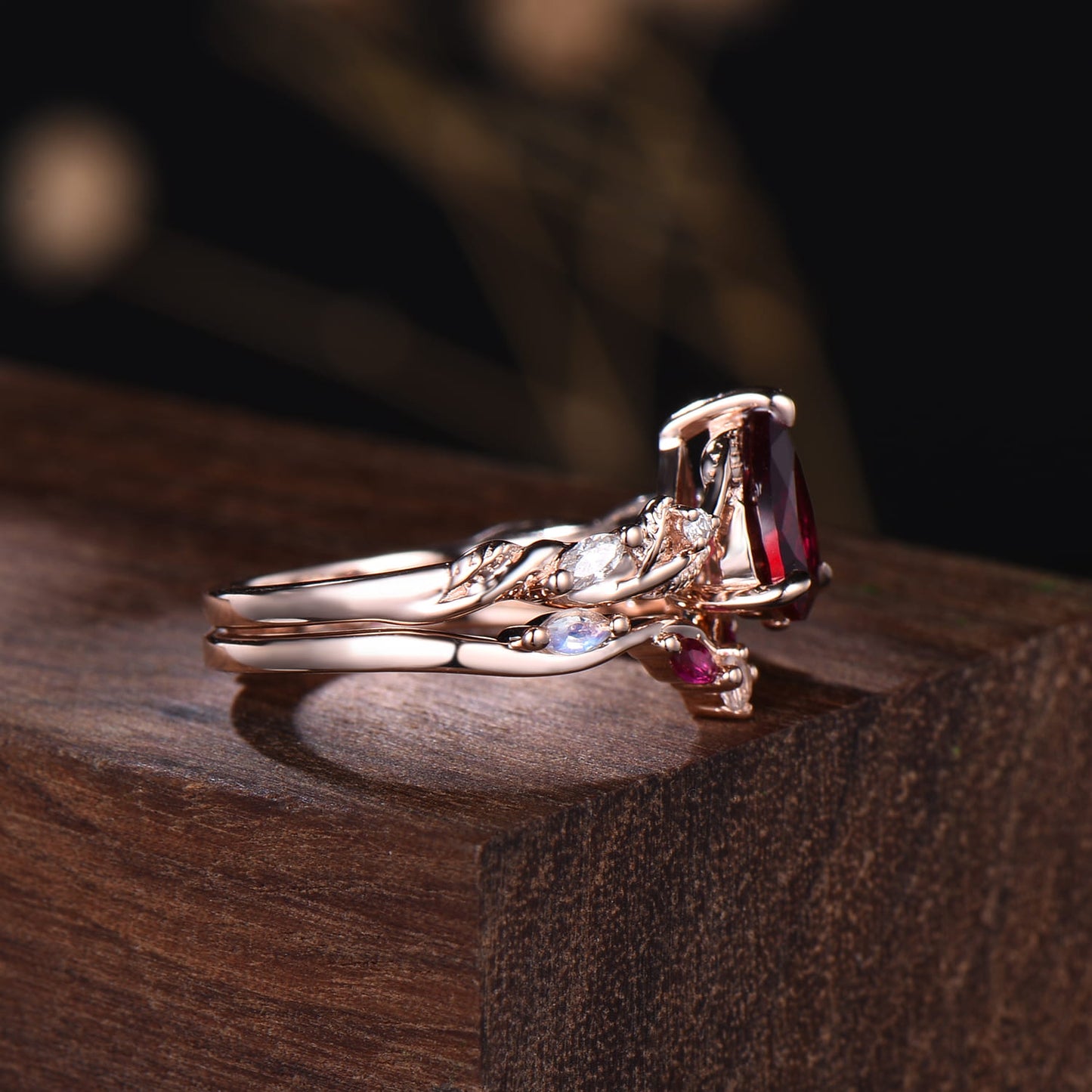 Nature Inspired Pear Ruby Bridal Set 14k rose gold Unique Twig Vine Teardrop Ruby Engagement Ring Ring Set women