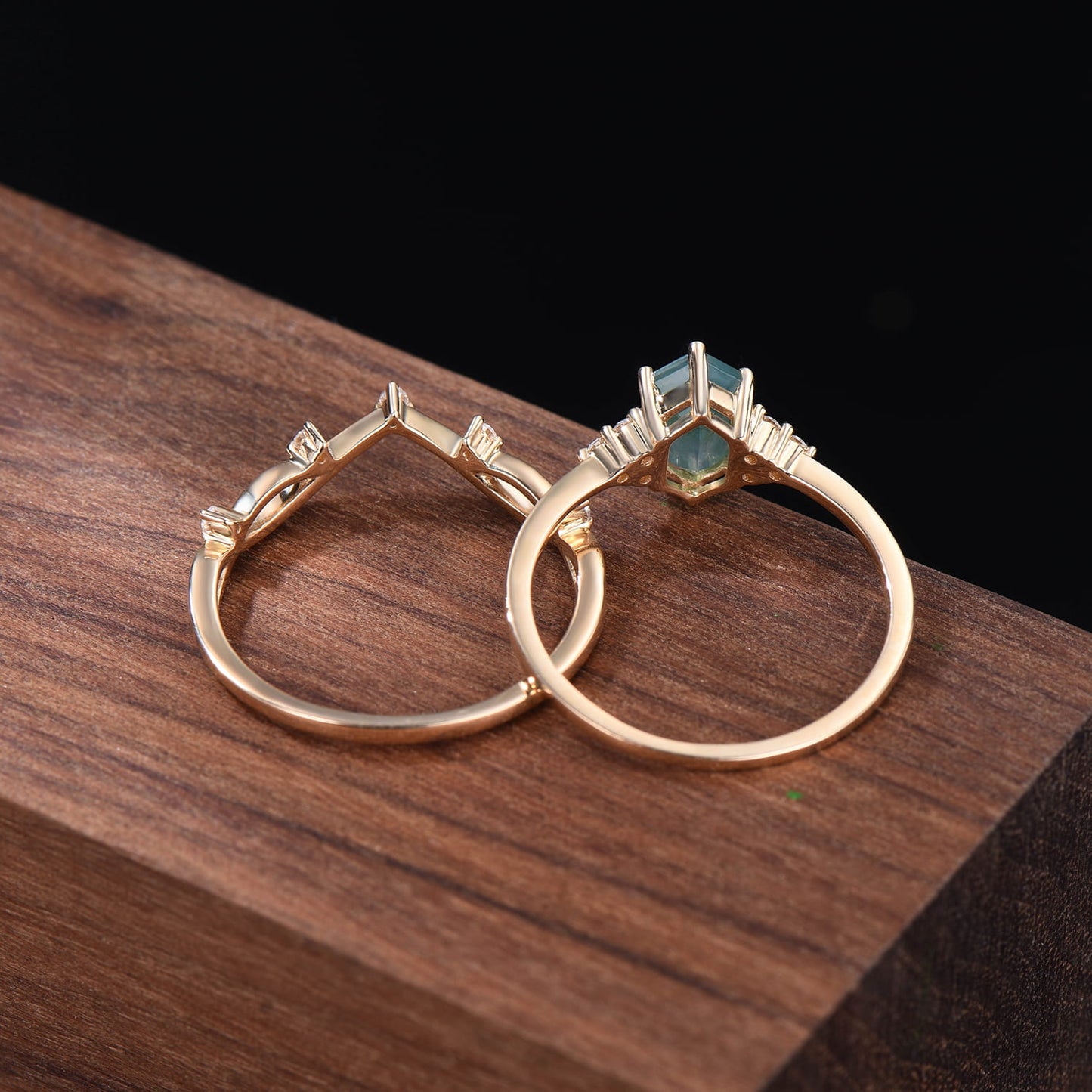 Hexagon Moss Agate Engagement Ring Set, Vintage Nature Inspired Branch Vine Ring, Unique Cluster Bridal Set