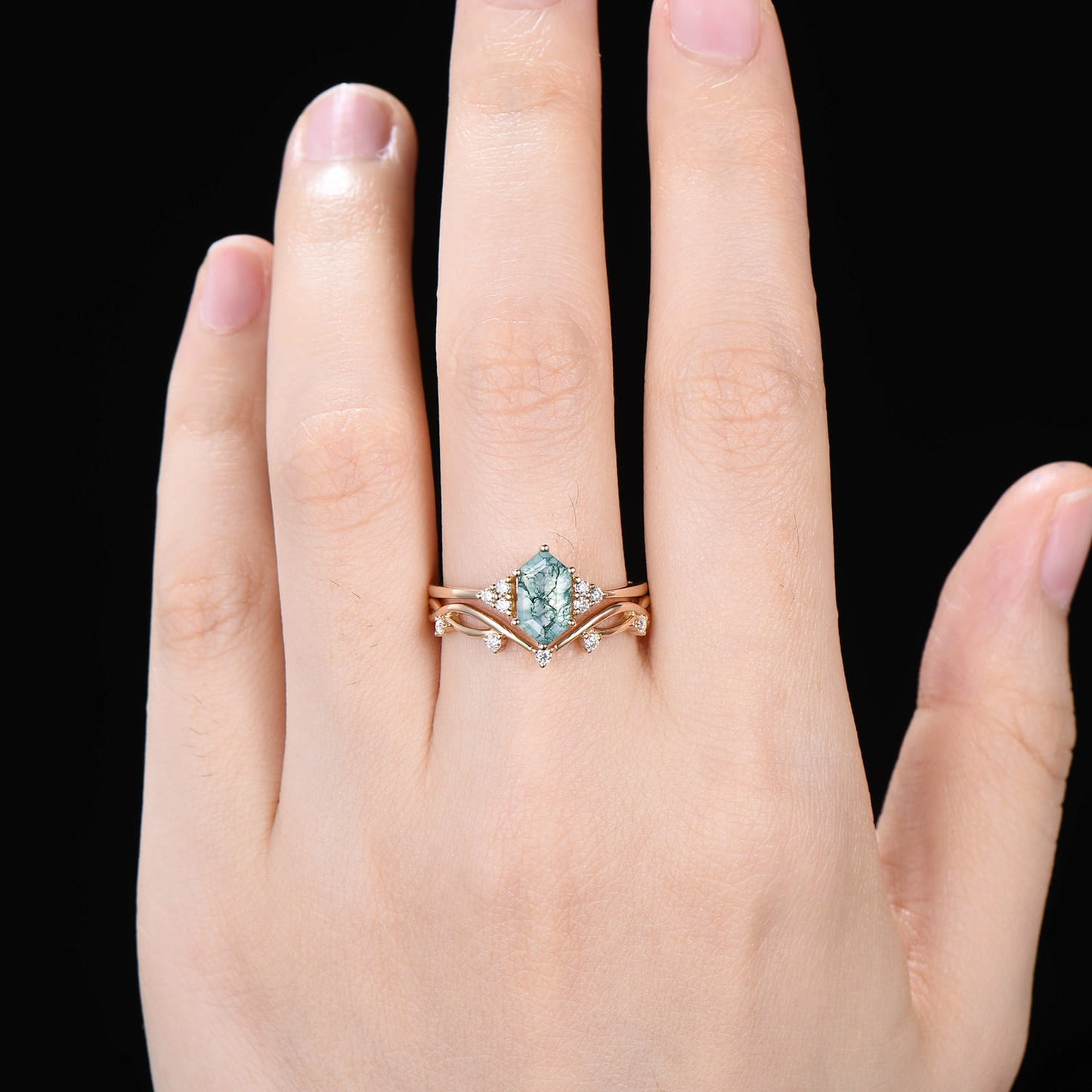 Hexagon Moss Agate Engagement Ring Set, Vintage Nature Inspired Branch Vine Ring, Unique Cluster Bridal Set