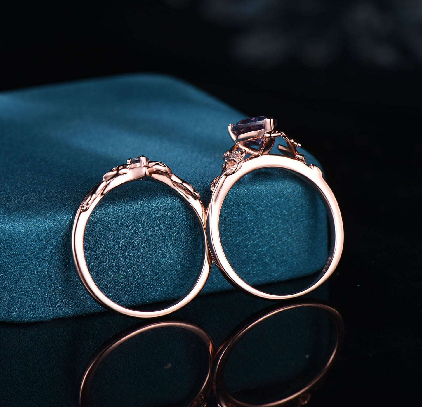 Nature Inpsired Pear Alexandrite Wedding Ring Set: Rose Gold Leaf Vine Stacking Band