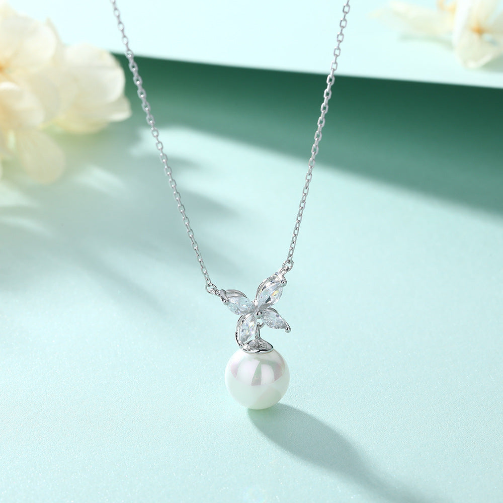 Elegant 10mm Pearl Pendant Necklace Botanical Four-Petal Blossom Marqusie Pendant