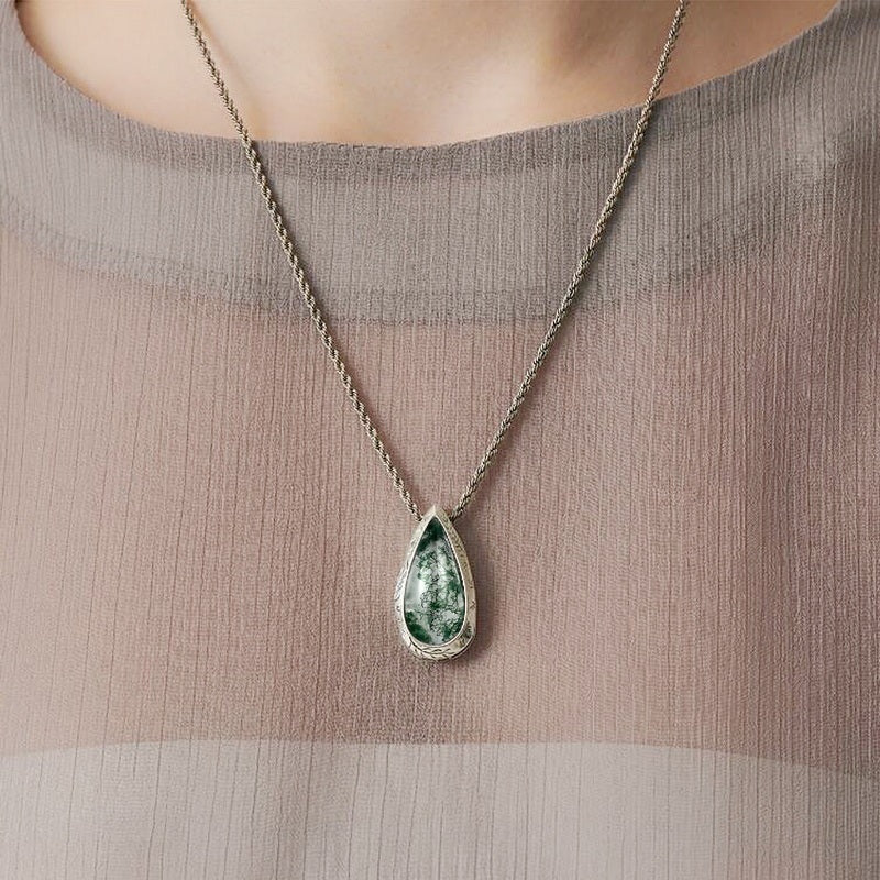 Heirloom Moss Agate Pear Pendant â€?Intricate Vine