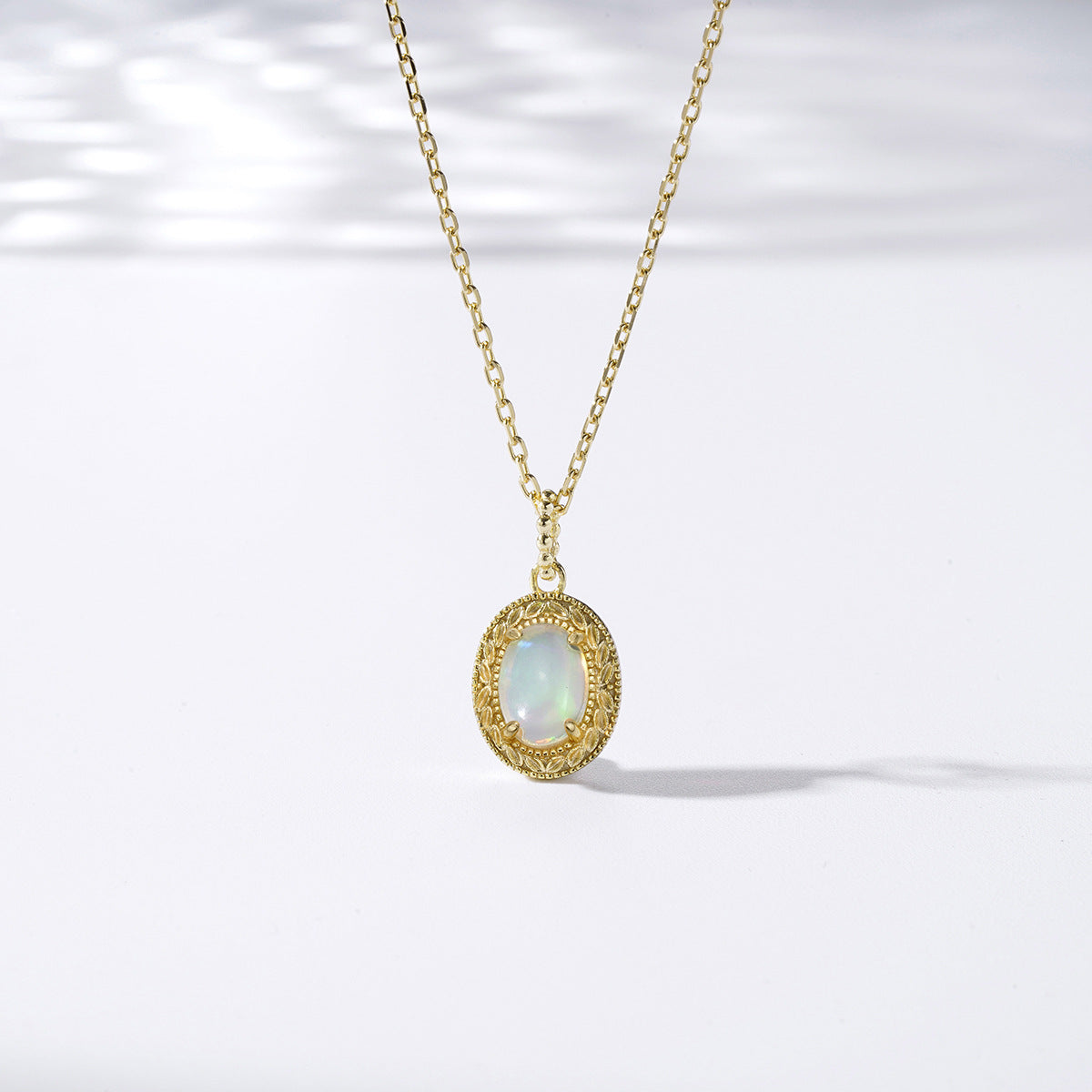 Oval Cabochon Ethiopian Opal Necklace • Vintage Engraved Milgrain Medal Pendant
