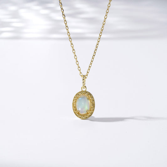 Oval Cabochon Ethiopian Opal Necklace • Vintage Engraved Milgrain Medal Pendant