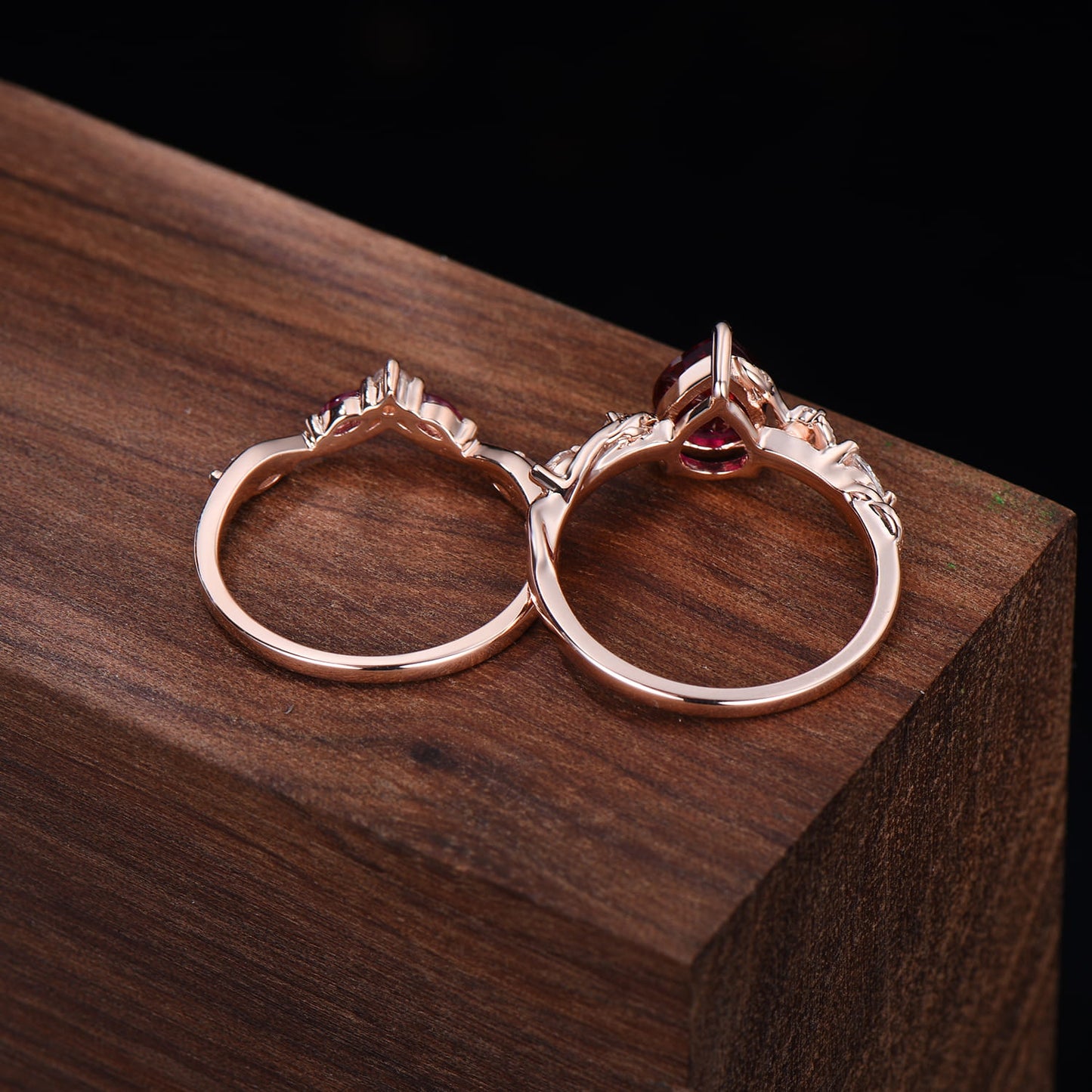 Nature Inspired Pear Ruby Bridal Set 14k rose gold Unique Twig Vine Teardrop Ruby Engagement Ring Ring Set women