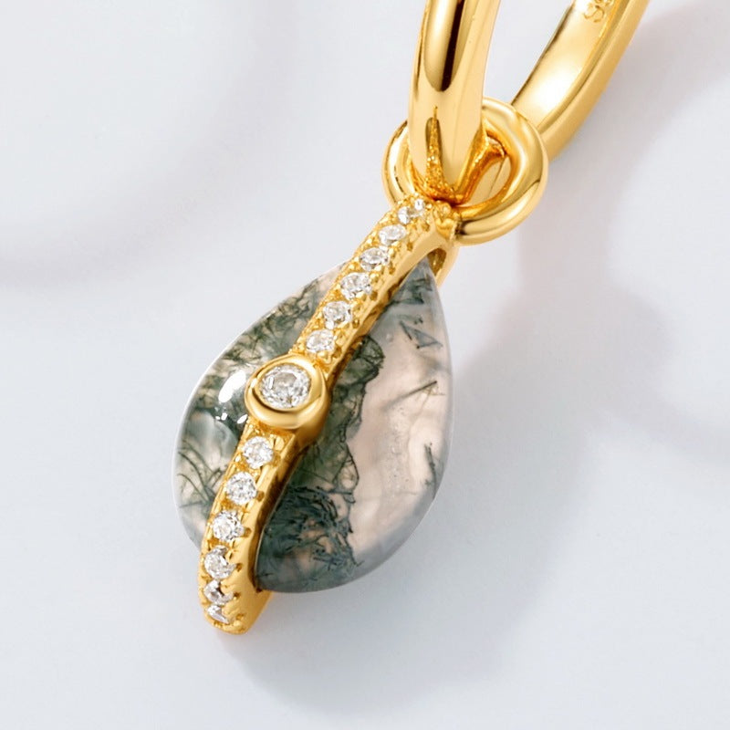 Modern Celestial Moss Agate Pear Shaped Dangle Huggie Earrings