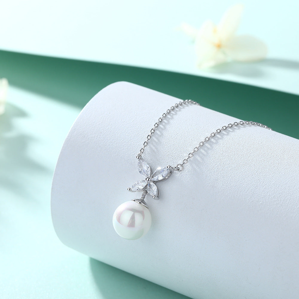 Elegant 10mm Pearl Pendant Necklace Botanical Four-Petal Blossom Marqusie Pendant