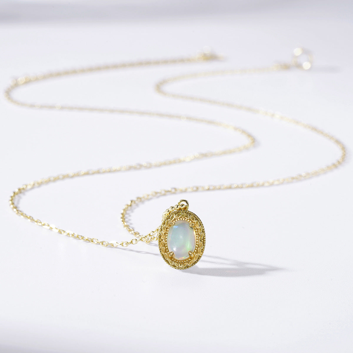 Oval Cabochon Ethiopian Opal Necklace • Vintage Engraved Milgrain Medal Pendant