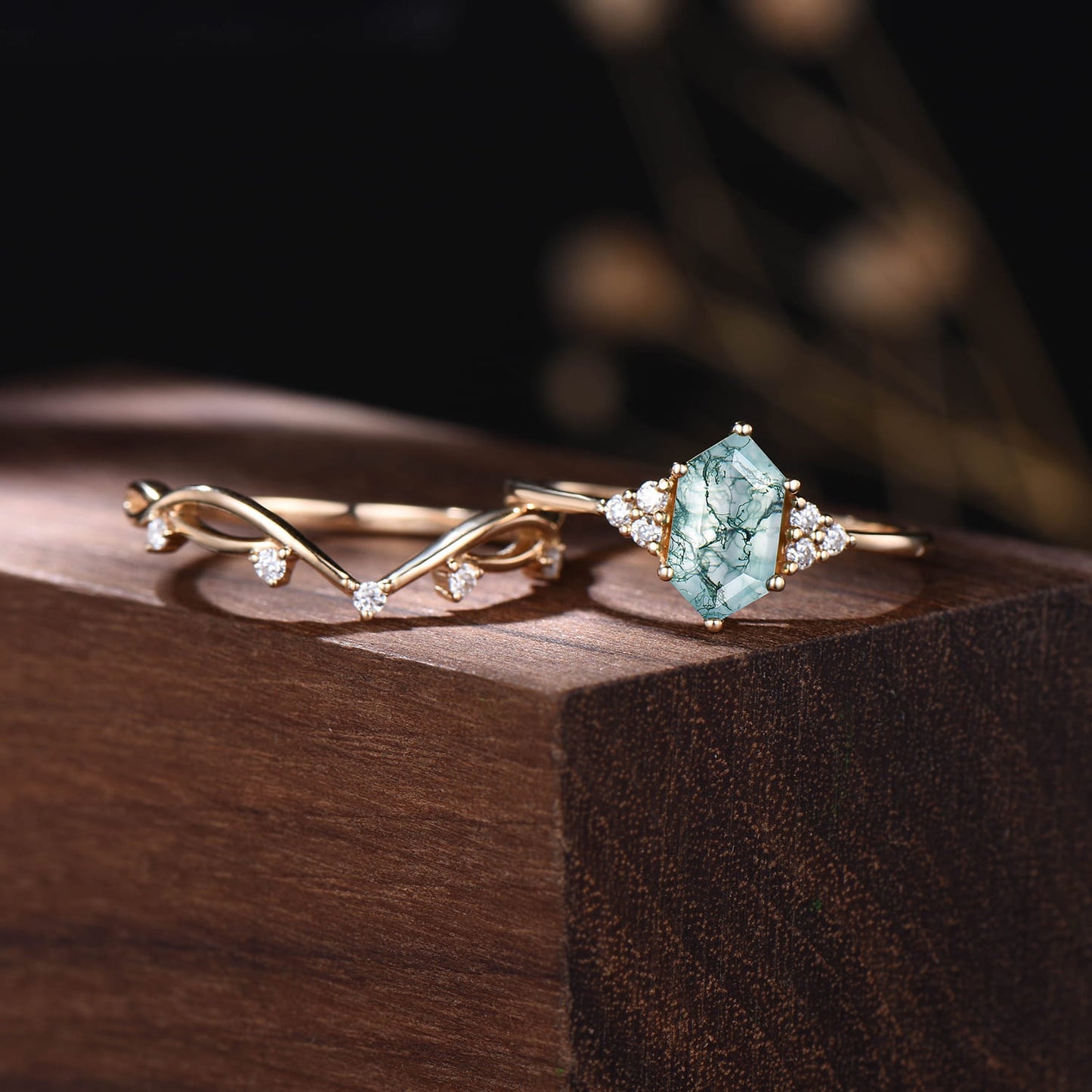 Hexagon Moss Agate Engagement Ring Set, Vintage Nature Inspired Branch Vine Ring, Unique Cluster Bridal Set
