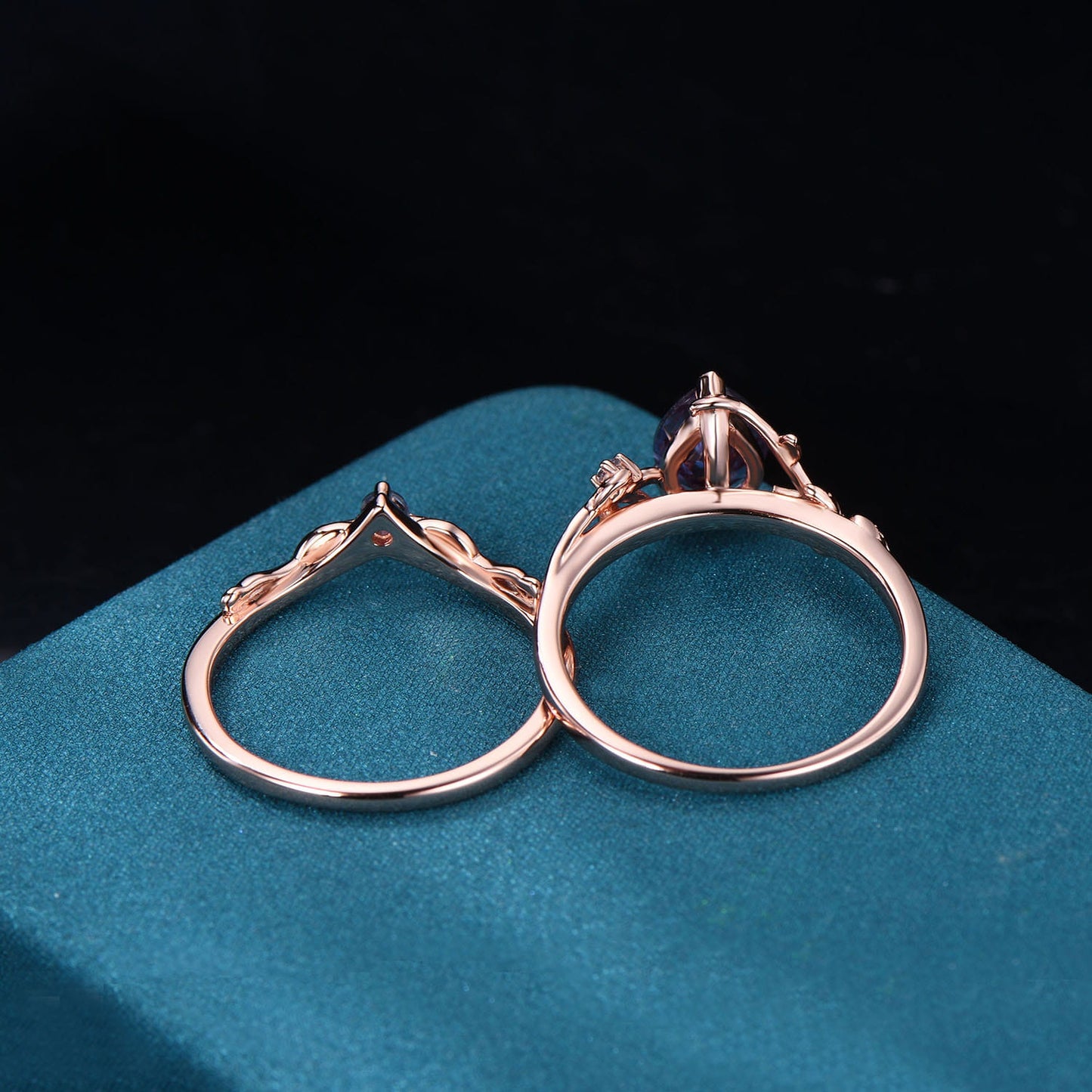Nature Inpsired Pear Alexandrite Wedding Ring Set: Rose Gold Leaf Vine Stacking Band