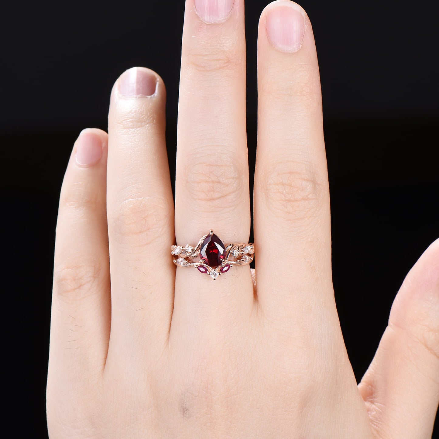 Nature Inspired Pear Ruby Bridal Set 14k rose gold Unique Twig Vine Teardrop Ruby Engagement Ring Ring Set women