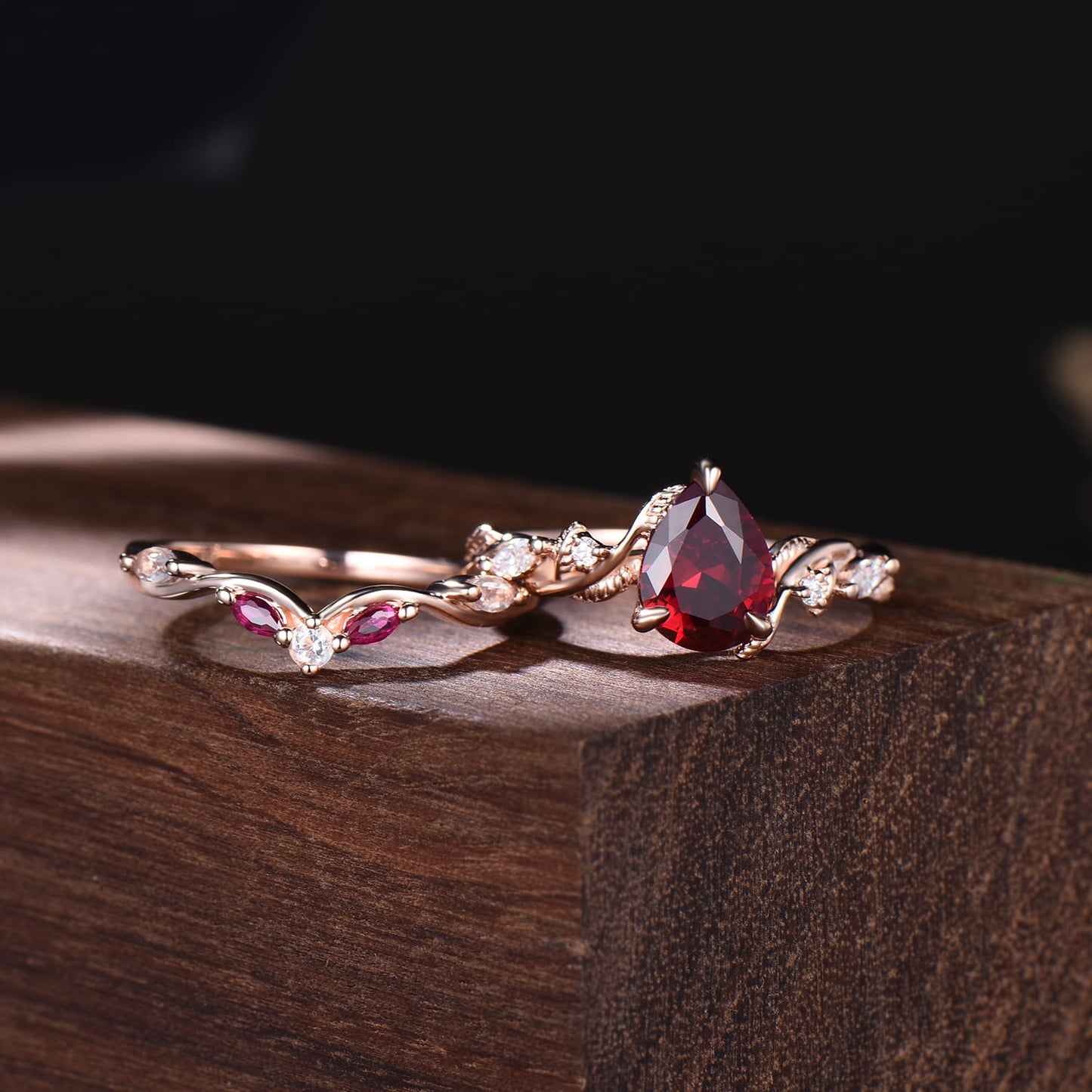 Nature Inspired Pear Ruby Bridal Set 14k rose gold Unique Twig Vine Teardrop Ruby Engagement Ring Ring Set women