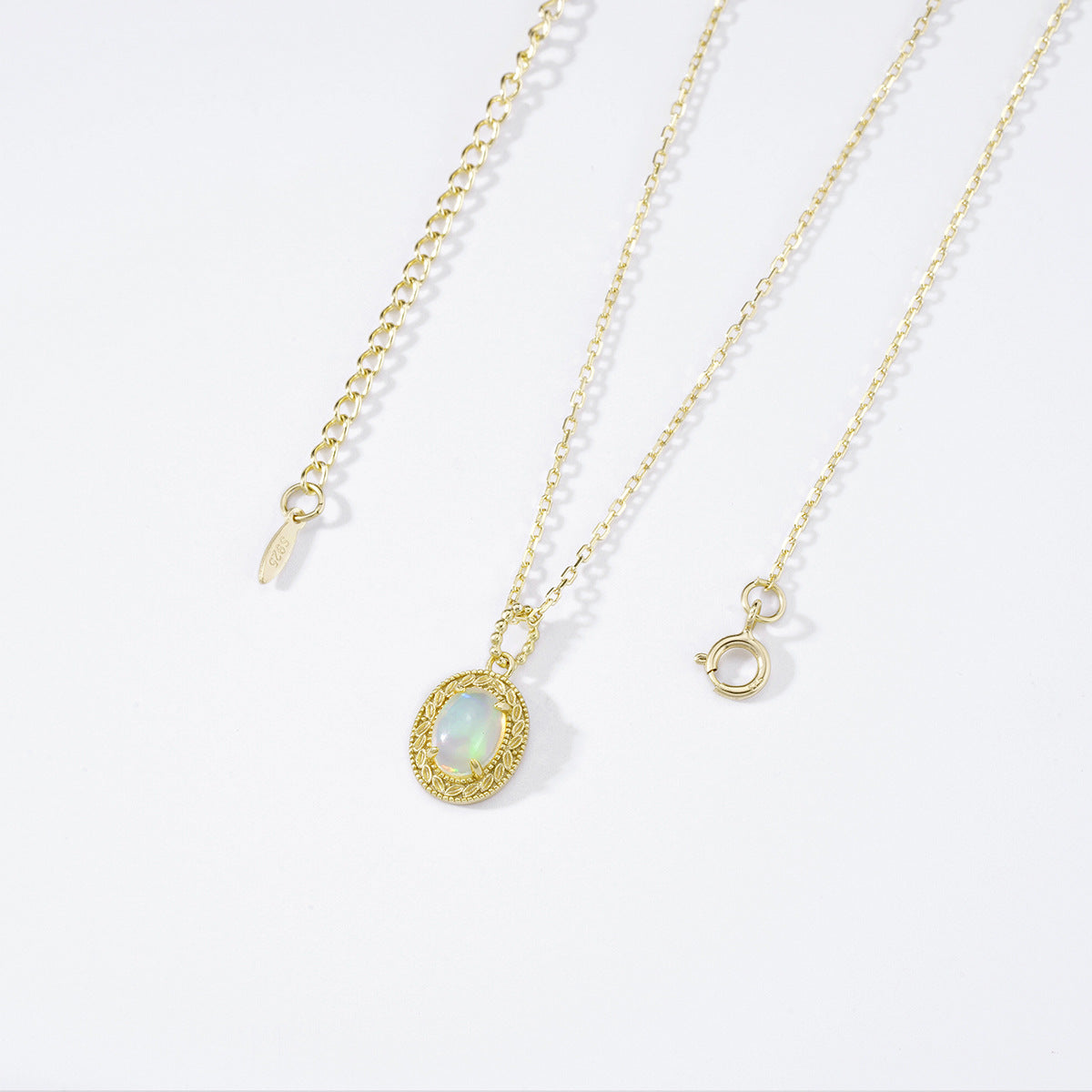 Oval Cabochon Ethiopian Opal Necklace • Vintage Engraved Milgrain Medal Pendant