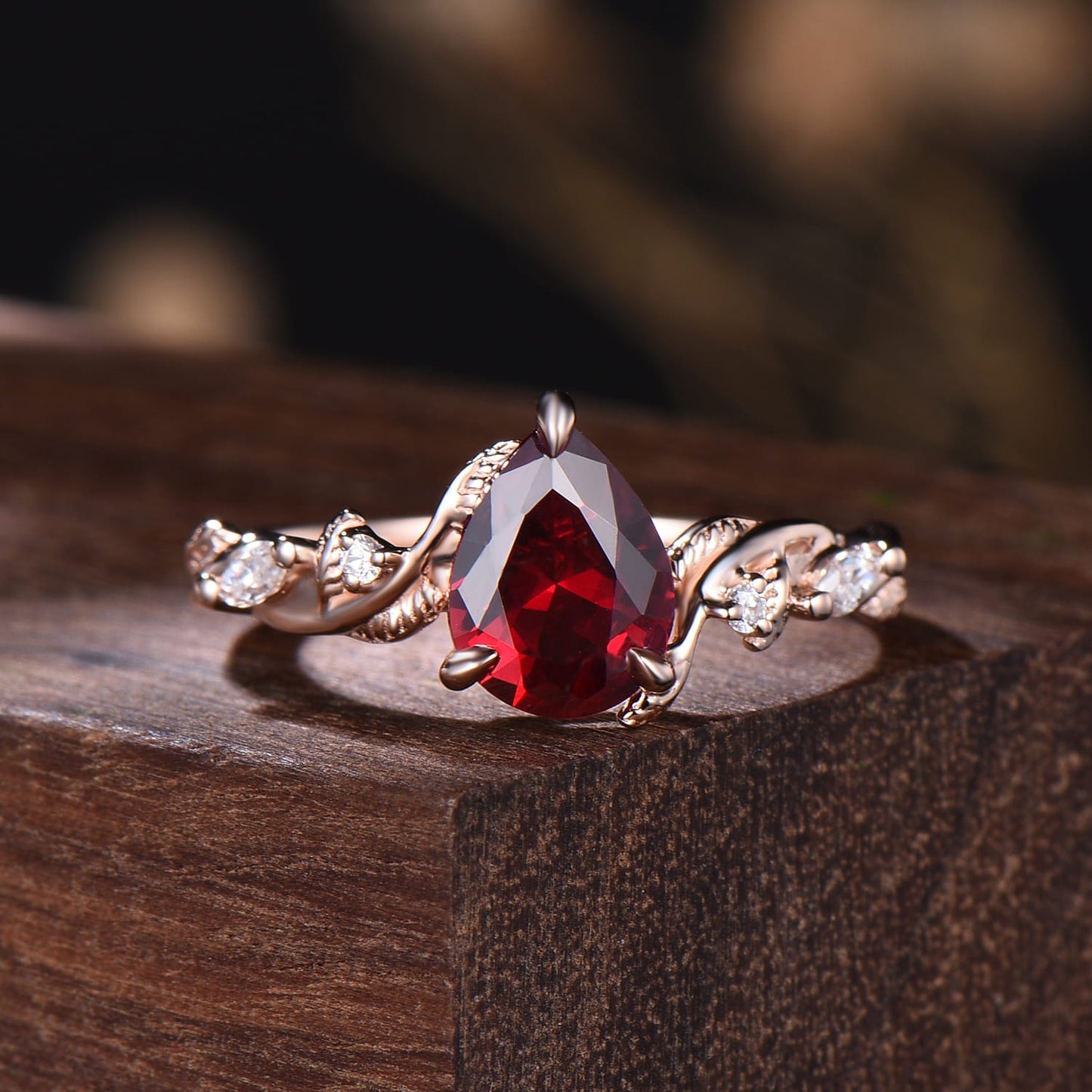 Nature Inspired Pear Ruby Bridal Set 14k rose gold Unique Twig Vine Teardrop Ruby Engagement Ring Ring Set women