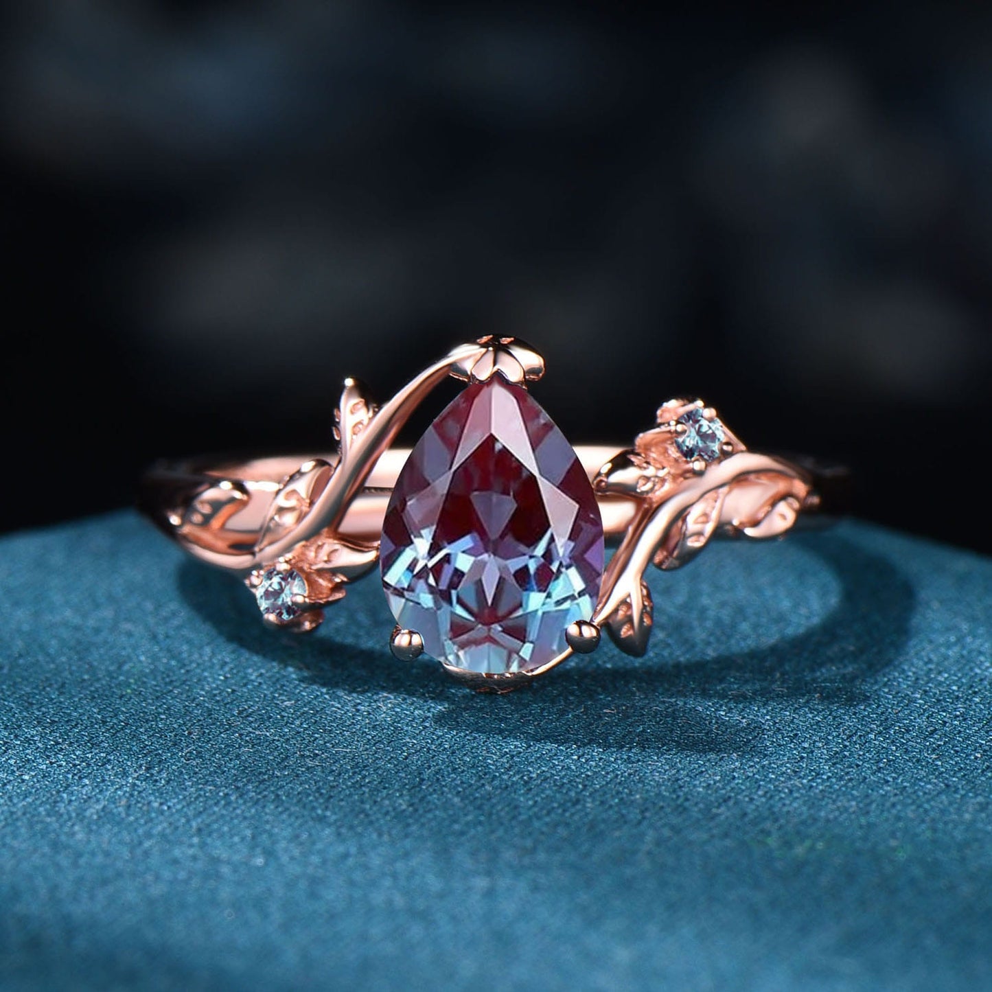 Nature Inpsired Pear Alexandrite Wedding Ring Set: Rose Gold Leaf Vine Stacking Band