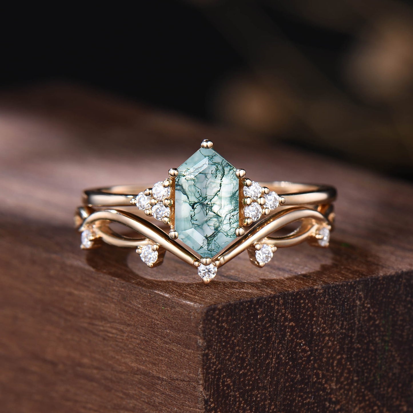 Hexagon Moss Agate Engagement Ring Set, Vintage Nature Inspired Branch Vine Ring, Unique Cluster Bridal Set