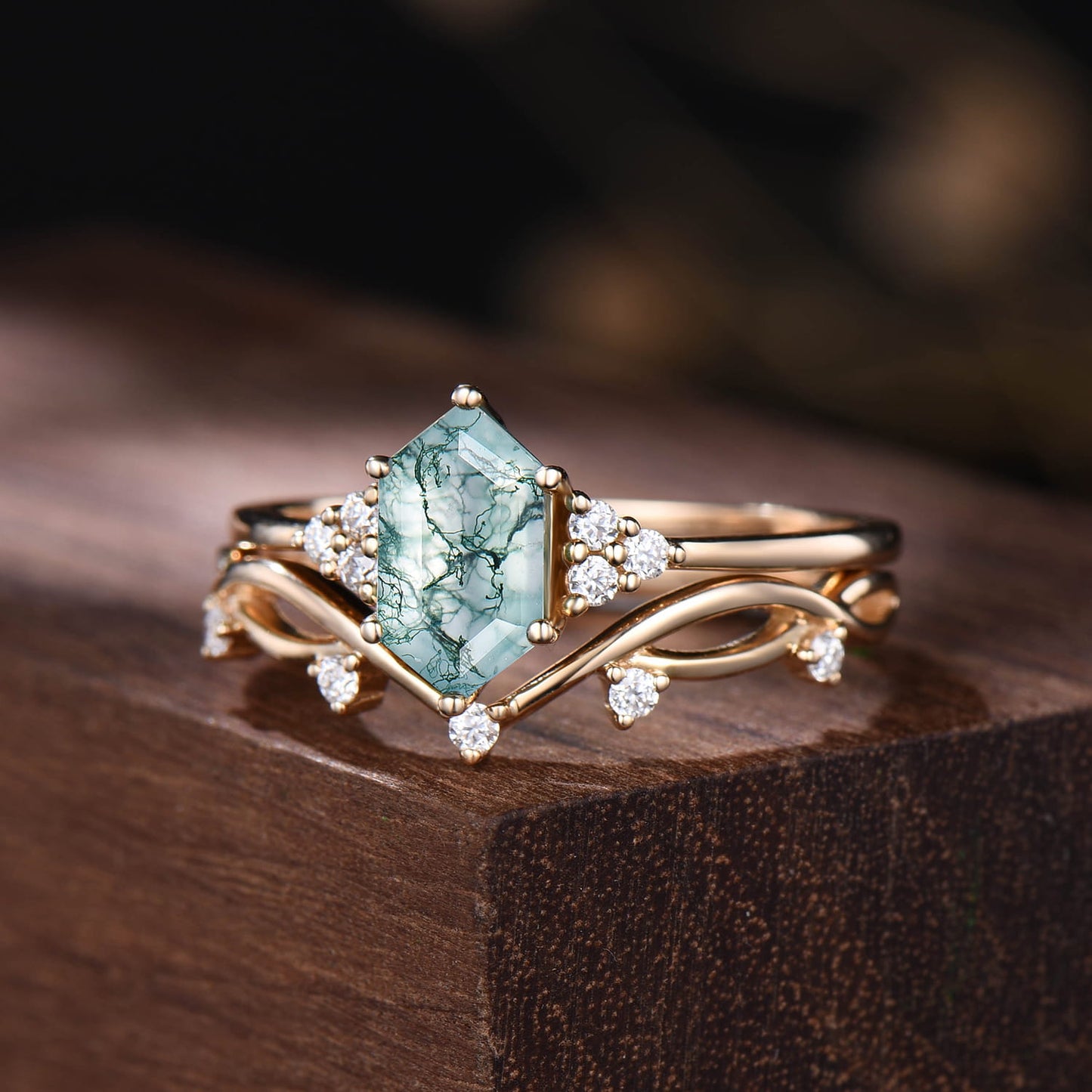 Hexagon Moss Agate Engagement Ring Set, Vintage Nature Inspired Branch Vine Ring, Unique Cluster Bridal Set