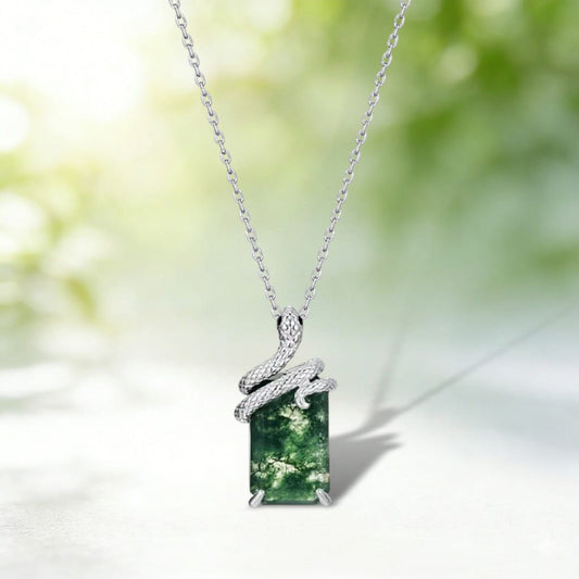 Luxury Snake Shape Green Moss Agate Pendant Necklace