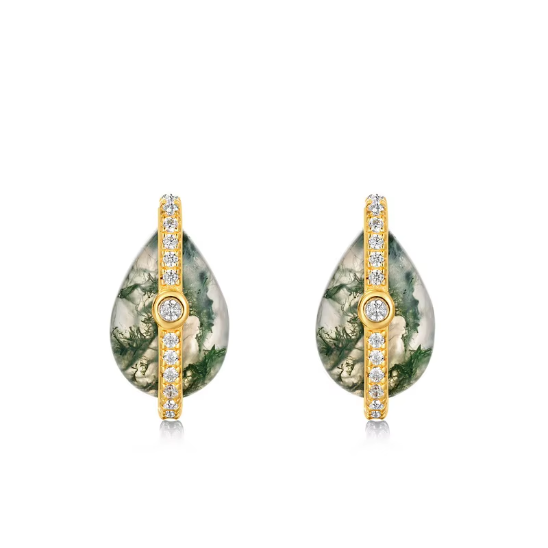 Orbit Pear Moss Agate Stud Earrings