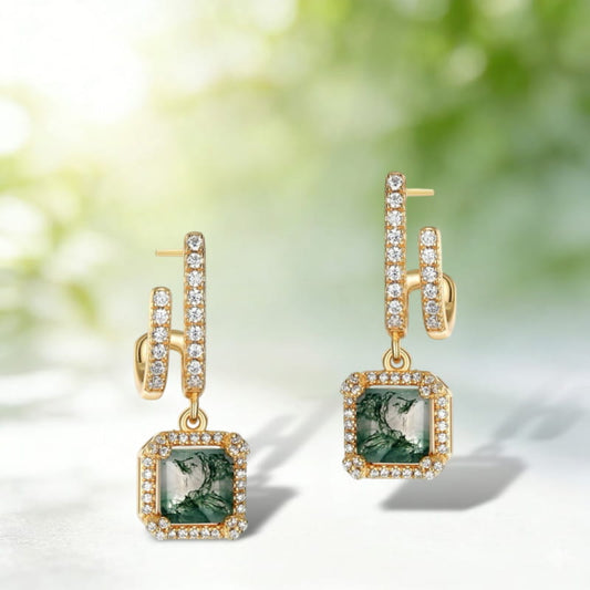 Modern Double Hoop Moss Agate Earrings Square Halo Dangle Studs