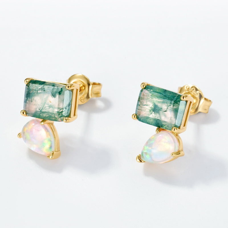 Twon Stone Emerald Cut Moss Agate & Pear White Opal Earrings for Women