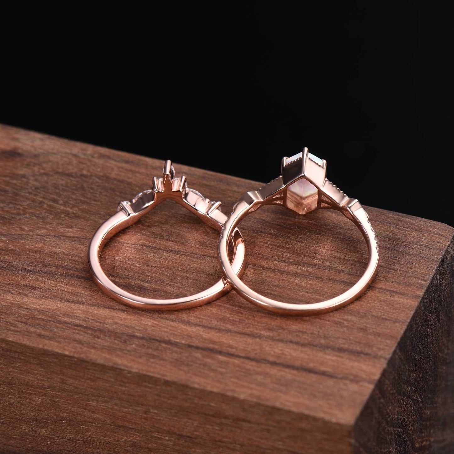 Elongated Hexagon Opal Engagement Ring Set with Milgrain Detailing & Curved Stacking Band