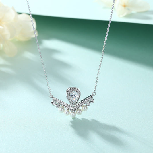 Elegant Chevron Tiara Pearl Fringe Necklace-ear Cut Halo V-Bar Pendant