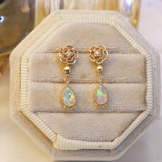 Flower Teardrop Opal Stud Earrings with Vintage Dangle Earrings for Women