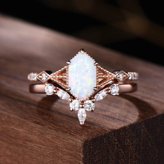 Elongated Hexagon Opal Engagement Ring Set with Milgrain Detailing & Curved Stacking Band