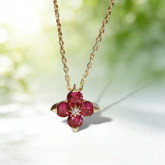 Vintage Style Red Corundum Four-Leaf Clover Flower Necklace