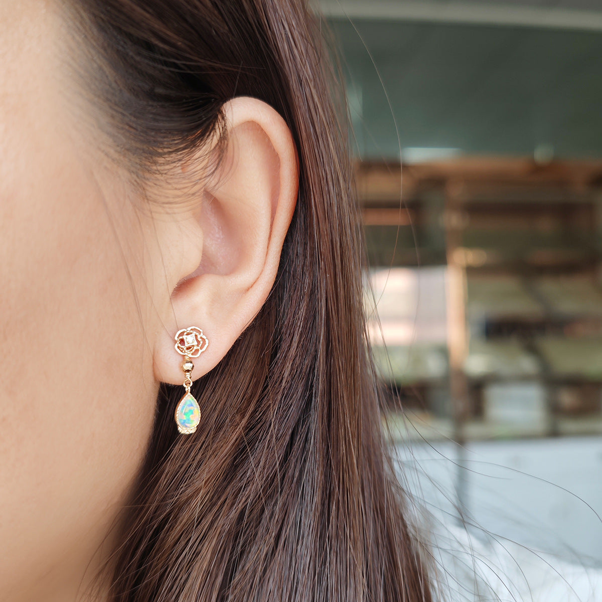 Flower Teardrop Opal Stud Earrings with Vintage Dangle Earrings for Women