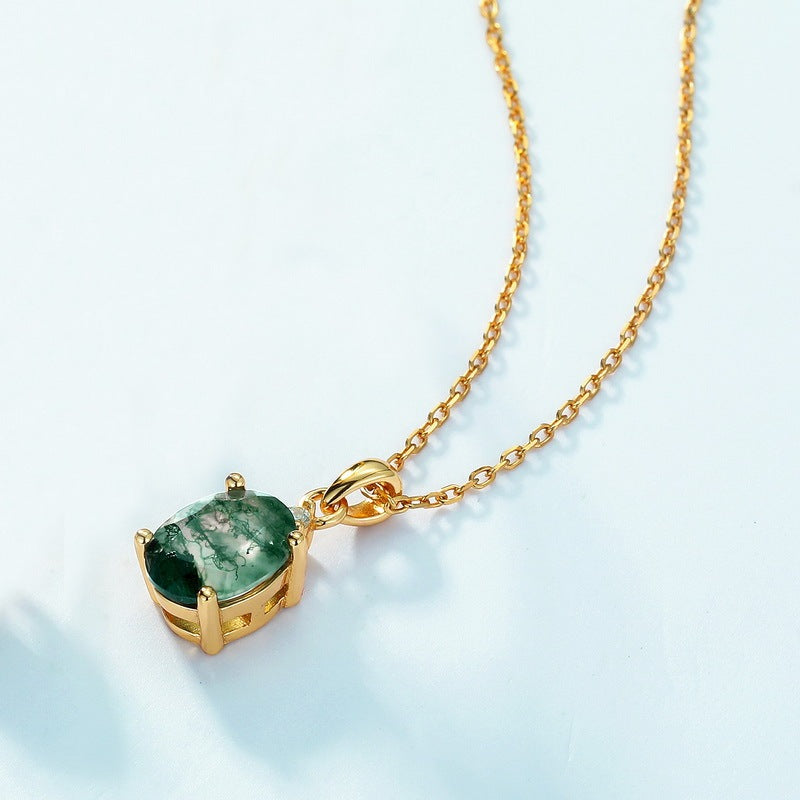 7x9 MM Oval Cut Moss Agate Minimalist Pendant Necklace