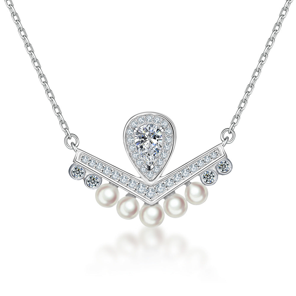 Elegant Chevron Tiara Pearl Fringe Necklace-ear Cut Halo V-Bar Pendant