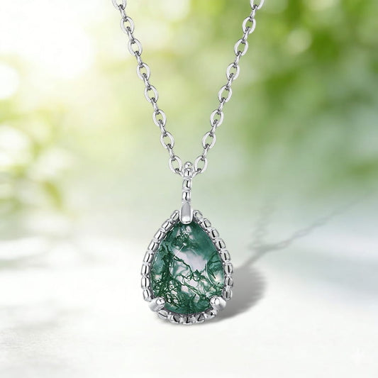 6x8mm Pear Shaped Moss Agate Milgrain Bead Necklace Pendant