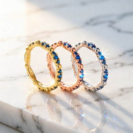 Blue Sapphire Wave Full Eternity Stacking Ring Trio