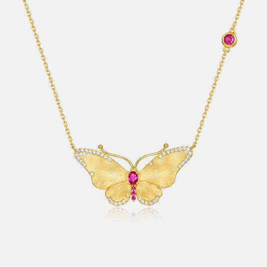 Unique Ruby Pendant Frosted Brush Gold Monarch Butterfly Statement Necklace