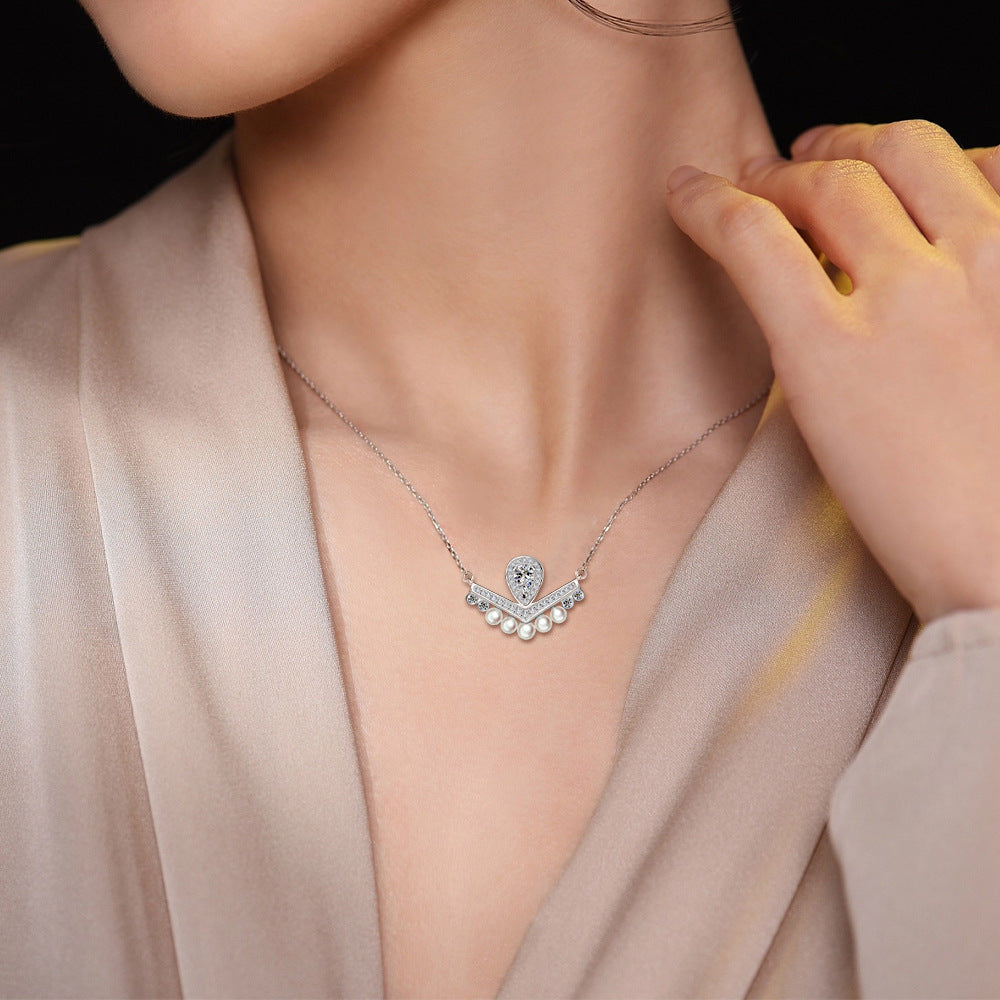 Elegant Chevron Tiara Pearl Fringe Necklace-ear Cut Halo V-Bar Pendant