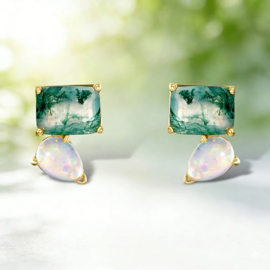Twon Stone Emerald Cut Moss Agate & Pear White Opal Earrings for Women