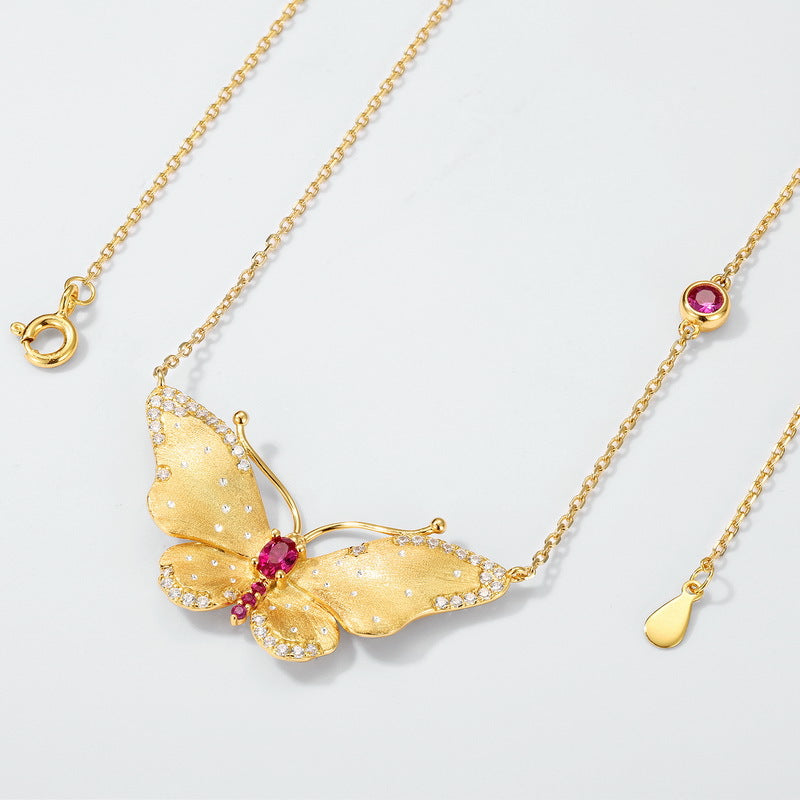 Unique Ruby Pendant Frosted Brush Gold Monarch Butterfly Statement Necklace