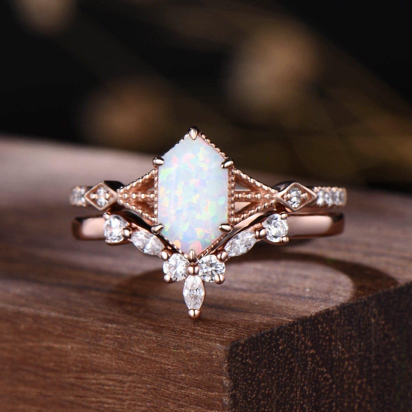 Elongated Hexagon Opal Engagement Ring Set with Milgrain Detailing & Curved Stacking Band
