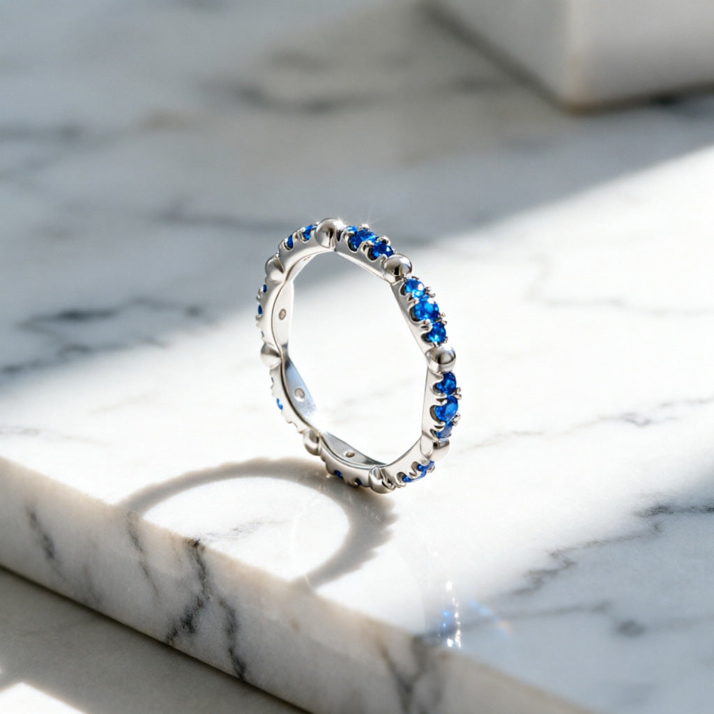 Blue Sapphire Wave Full Eternity Stacking Ring Trio