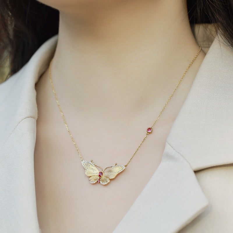 Unique Ruby Pendant Frosted Brush Gold Monarch Butterfly Statement Necklace