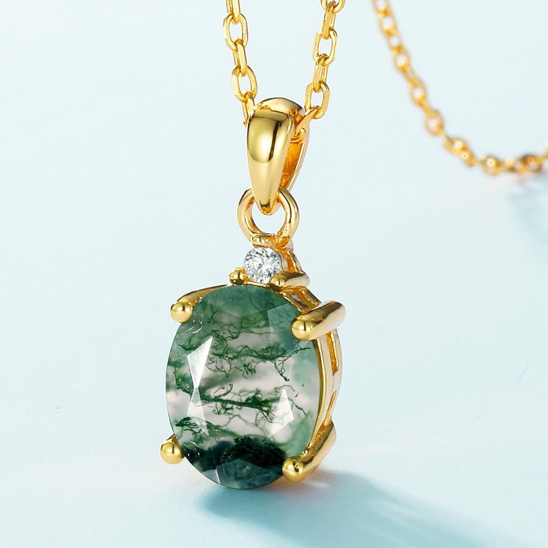 7x9 MM Oval Cut Moss Agate Minimalist Pendant Necklace