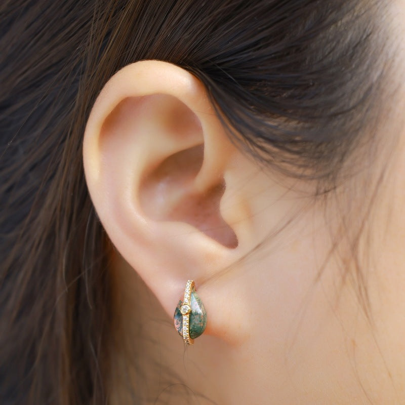Orbit Pear Moss Agate Stud Earrings